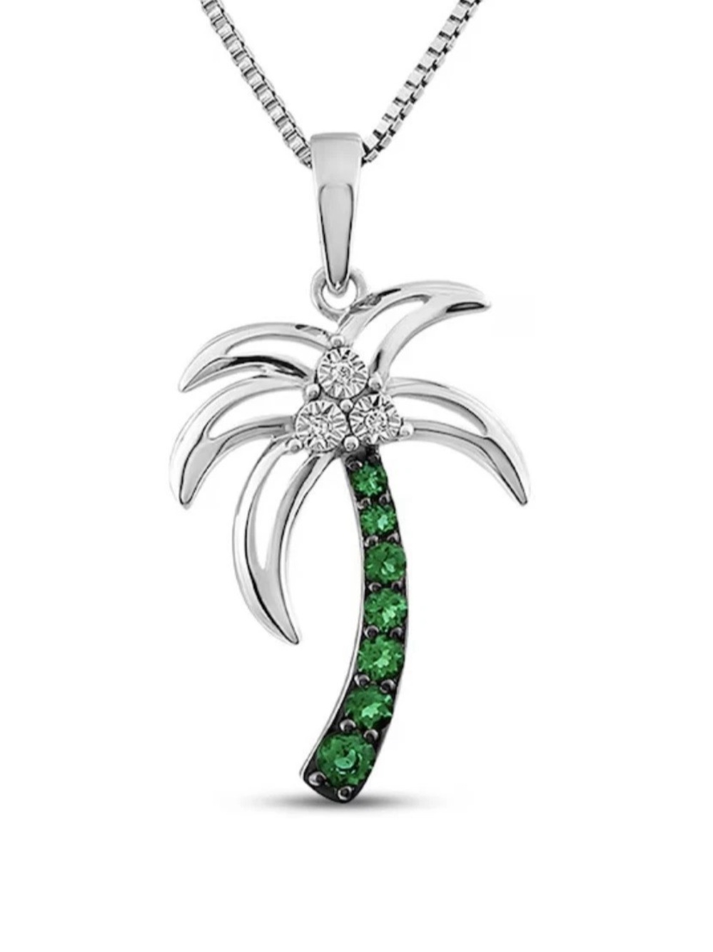 Kay Jewelers 925 Silver Lab Emerald Diamond Palm Tree Pendant Necklace 18”